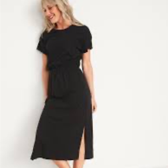 NWT Old Navy Black Tie Waist Fitted Midi Dress - XS Petite - Picture 2 of 6